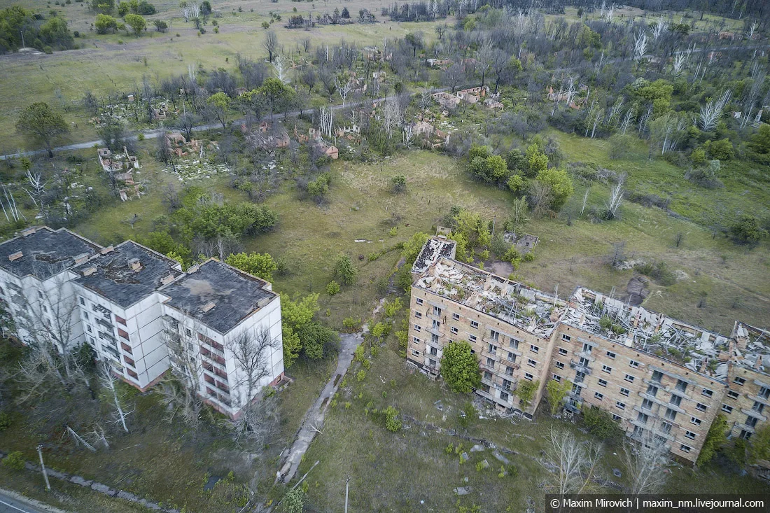 View from drone on abandoned city in Ukraine