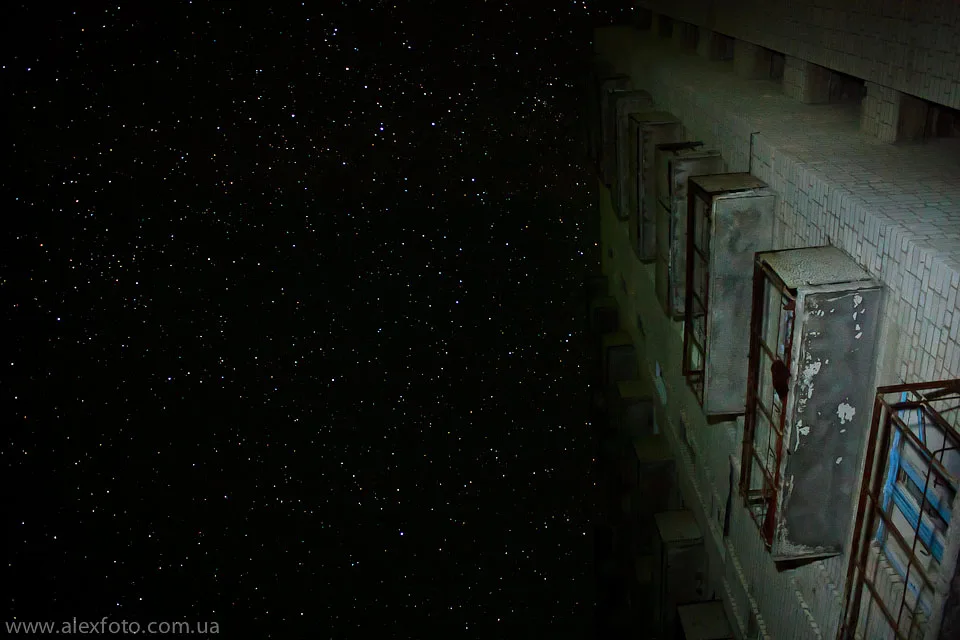 Star sky in abandoned ghost town Orbita