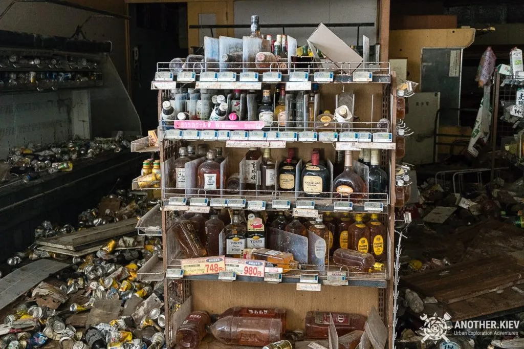 abandoned alcohol on the shelves in Fukushima exclusion zone