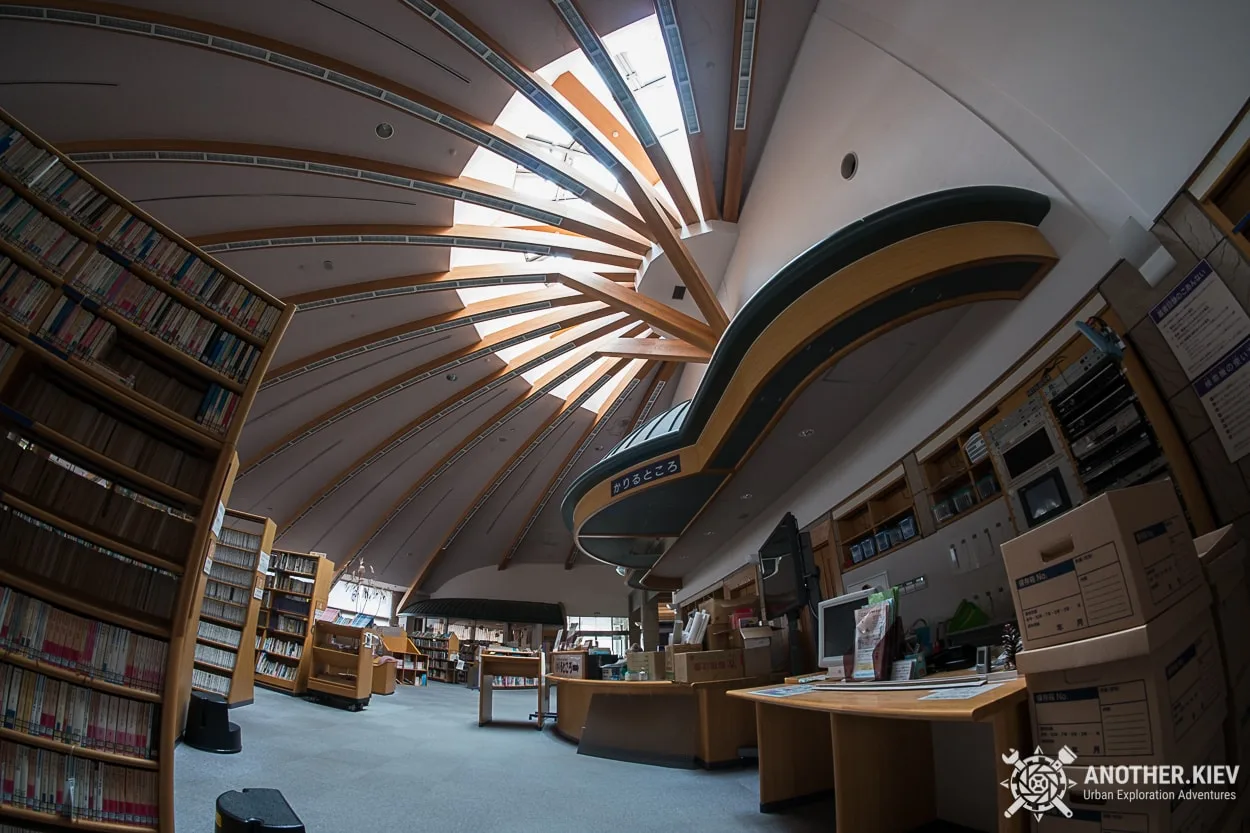 inside abandoned library in Okuma city